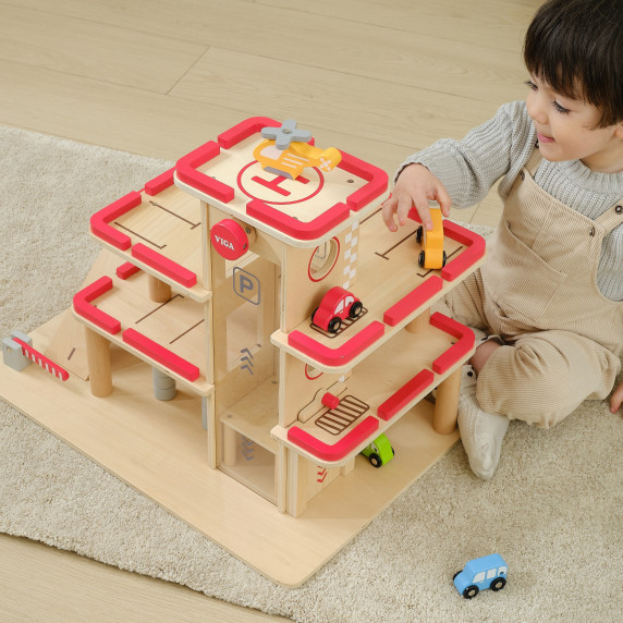 VIGA Wooden Parking for Cars with Elevator for 4 Cars and Helicopter