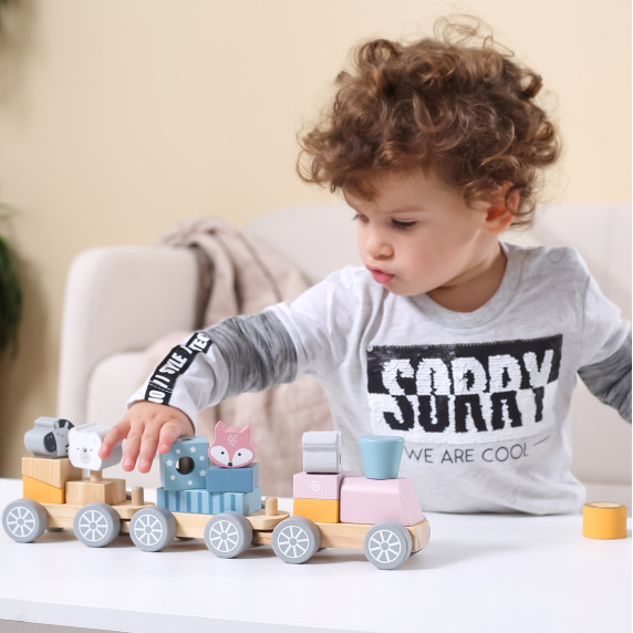 VIGA PolarB Wooden Train with Carriages and Animals for Montessori Stacking