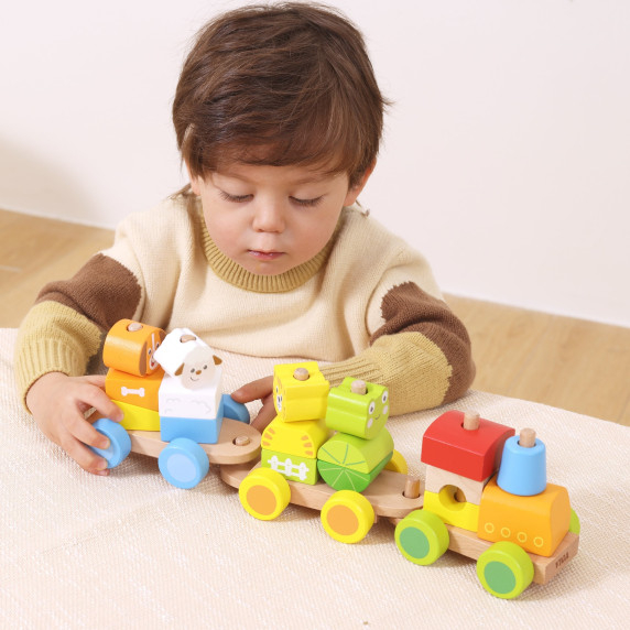 VIGA Wooden Stacking Train – Farm Animals 18M+ 17 pieces