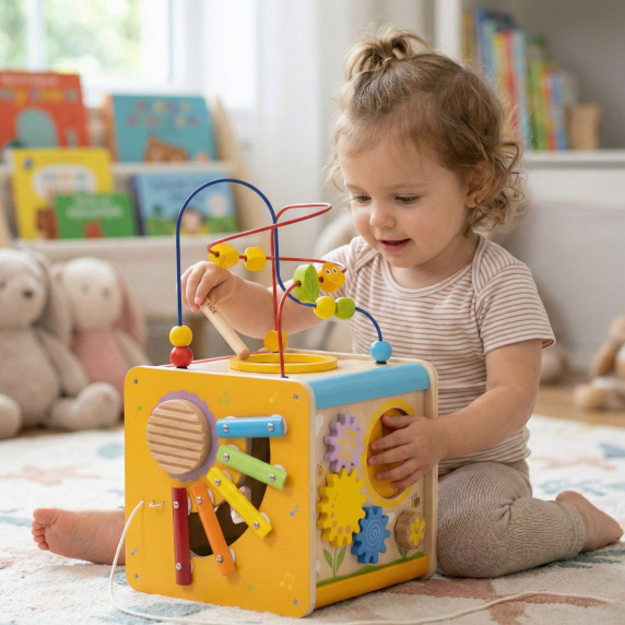 Viga PolarB Wooden Educational Cube 5 in 1 Motor Loop Labyrinth Sorter
