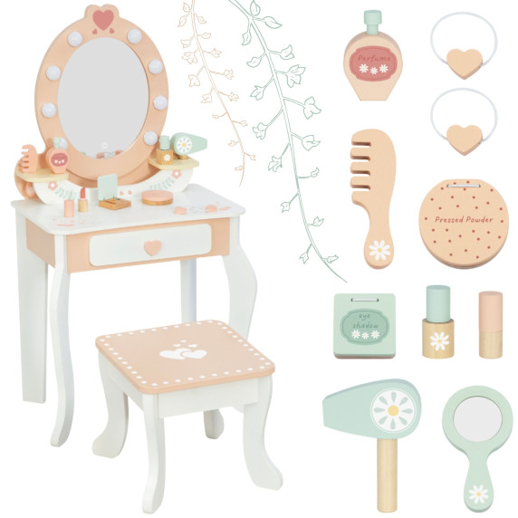 TOOKY TOY Wooden Dressing Table with Chair, Accessories, Mirror with LED Lighting + Cosmetics