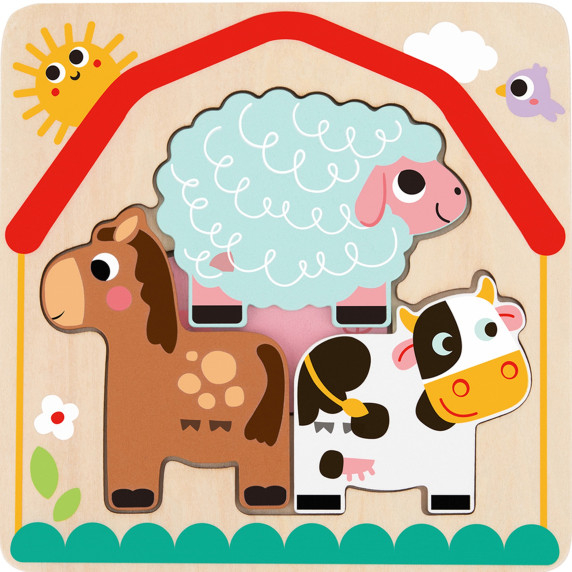 TOOKY TOY Wooden Montessori Puzzle Multilayer Board Animals on the Farm 7 pcs.