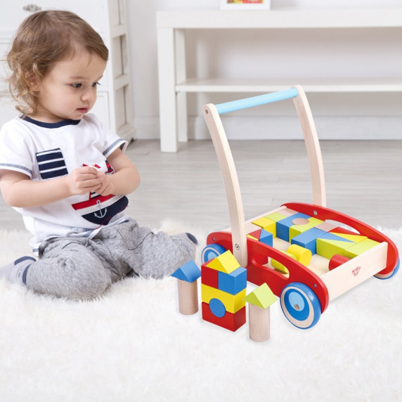 TOOKY TOY Wooden Walker Pusher for Children + Blocks 23 pcs.