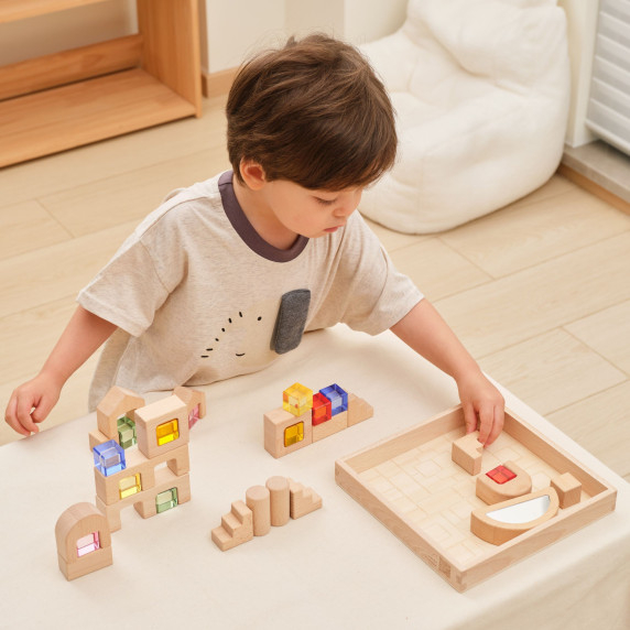 VIGA Wooden Construction Blocks with Colored Windows 32 pcs.