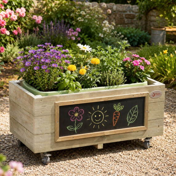 Classic World Edu Wooden Flower Pot on Wheels for Children with Blackboard
