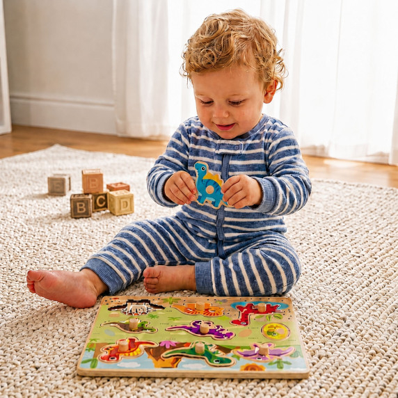 TOOKY TOY Wooden Montessori Puzzle Dinosaurs Shapes Puzzle