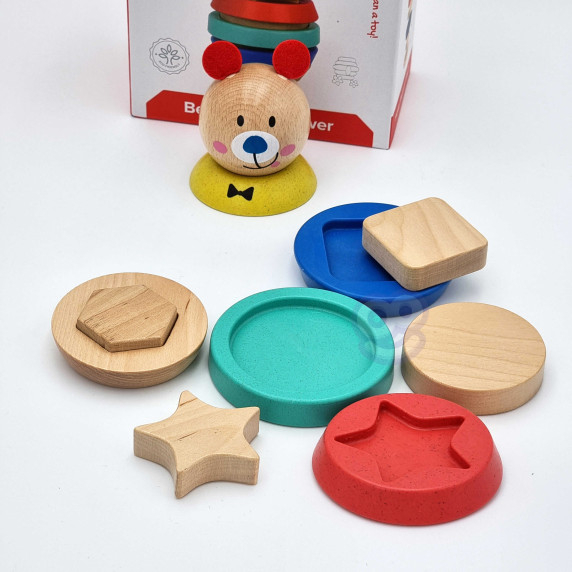 TOOKY TOY Wooden Puzzle Pyramid Shapes Teddy Bear 11 pcs.