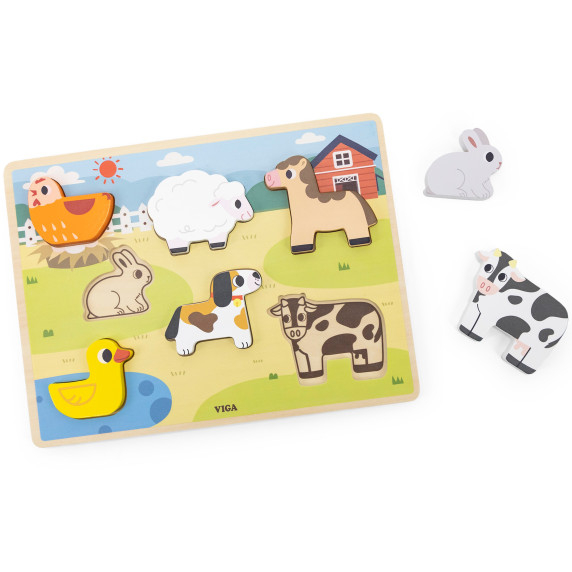 VIGA Wooden Puzzle Montessori 2-in-1 Figures Farm