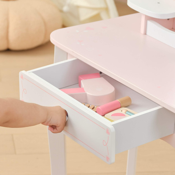 VIGA Large Wooden Dressing Table in White and Pink with Mirror and Chair