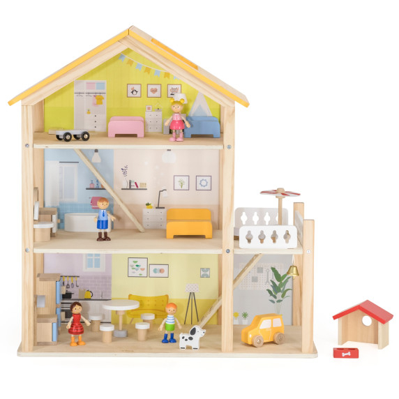 VIGA Wooden Dollhouse Set with Dolls and Accessories