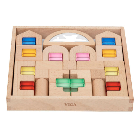 VIGA Wooden Construction Blocks with Colored Windows 32 pcs.
