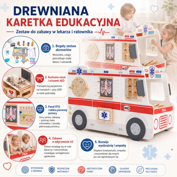 VIGA Large Wooden Ambulance Set Ambulance for Small Rescuers Accessories 25 pcs.