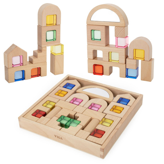VIGA Wooden Construction Blocks with Colored Windows 32 pcs.