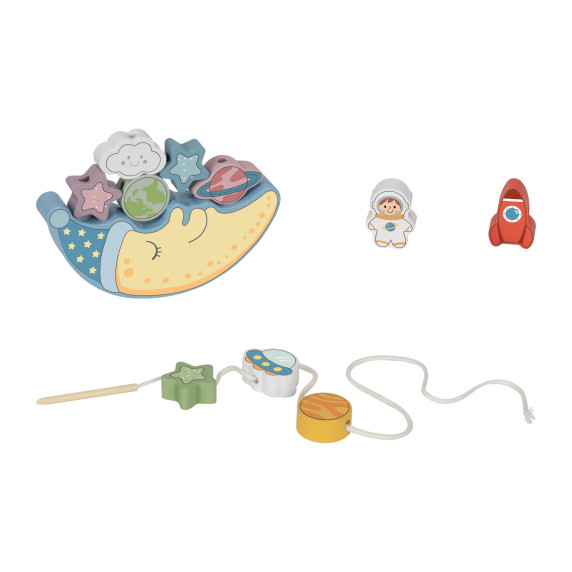 TOOKY TOY Cosmic Sleeping Moon Balancing Wooden Puzzle Threading Montessori Space