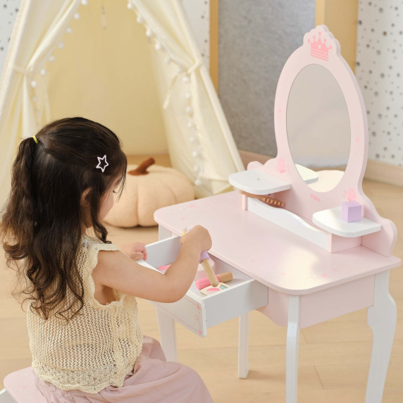 VIGA Large Wooden Dressing Table in White and Pink with Mirror and Chair