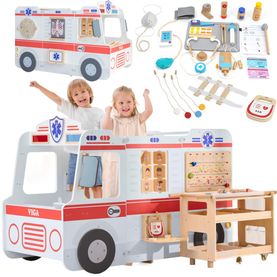 VIGA Large Wooden Ambulance Set Ambulance for Small Rescuers Accessories 25 pcs.