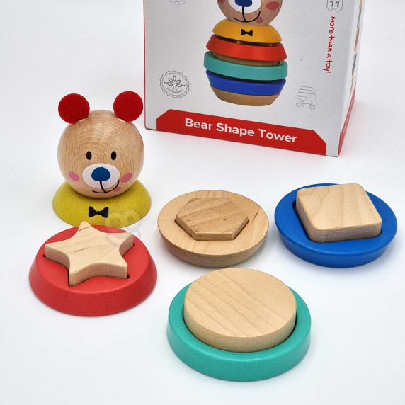 TOOKY TOY Wooden Puzzle Pyramid Shapes Teddy Bear 11 pcs.
