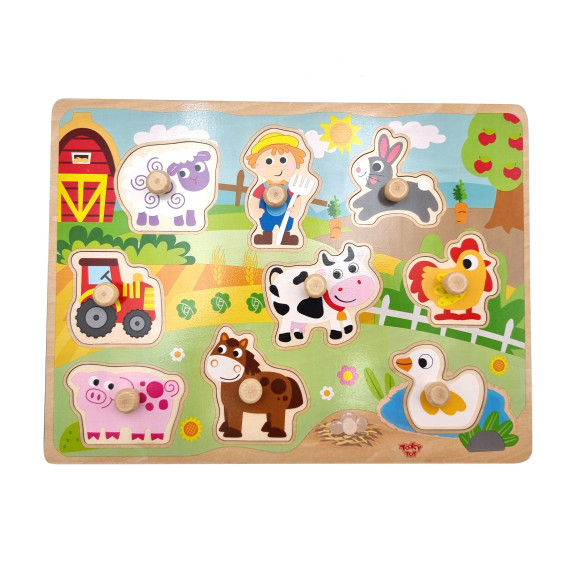TOOKY TOY Wooden Montessori Puzzle Farm with Matching Pins