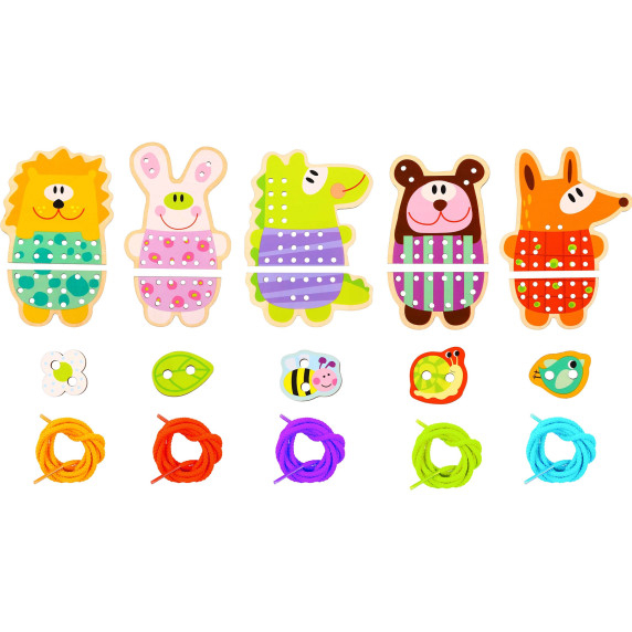 TOOKY TOY Wooden 5-in-1 Animal Lacing Game