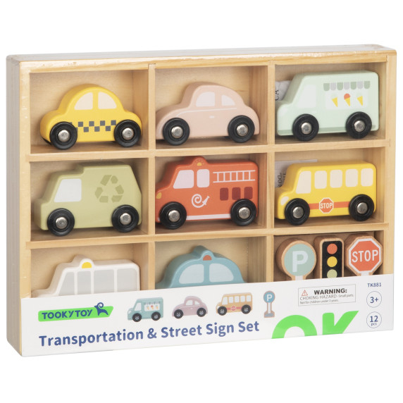 TOOKY TOY Set of Wooden Vehicles and Road Signs in a Box