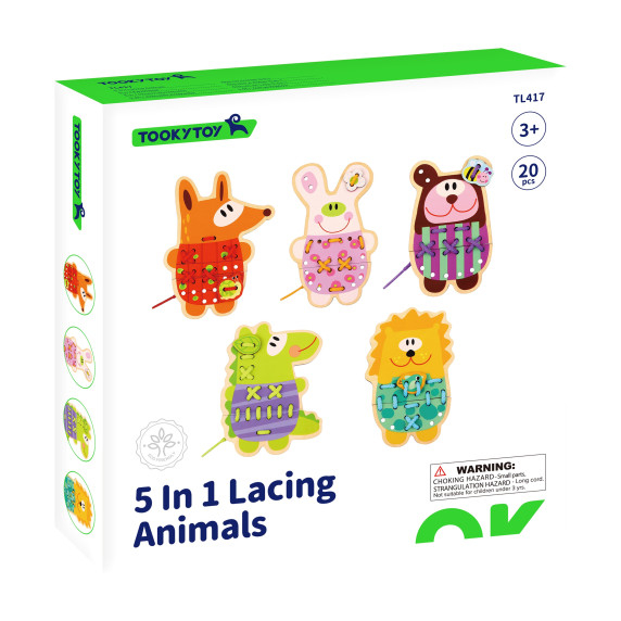 TOOKY TOY Wooden 5-in-1 Animal Lacing Game