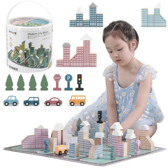 VIGA PolarB Wooden Model with City Blocks 56 pcs.