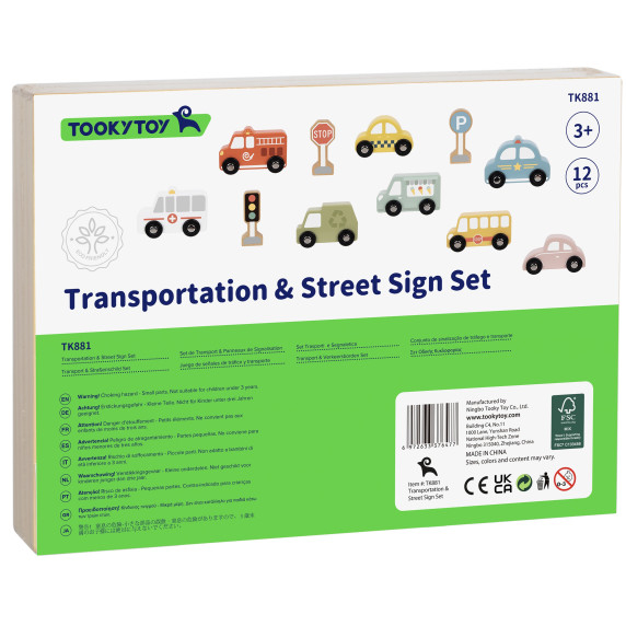 TOOKY TOY Set of Wooden Vehicles and Road Signs in a Box