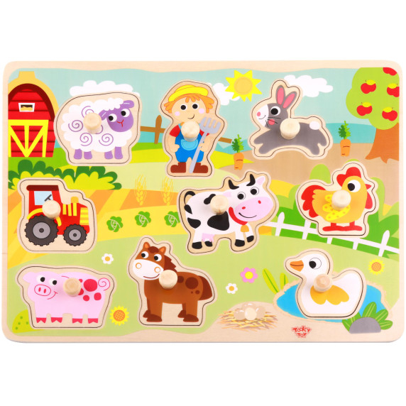 TOOKY TOY Wooden Montessori Puzzle Farm with Matching Pins