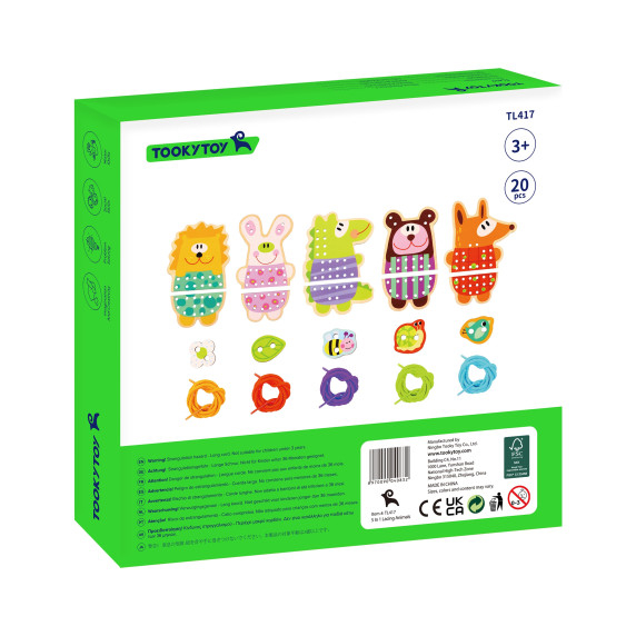 TOOKY TOY Wooden 5-in-1 Animal Lacing Game