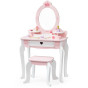 VIGA Large Wooden Dressing Table in White and Pink with Mirror and Chair