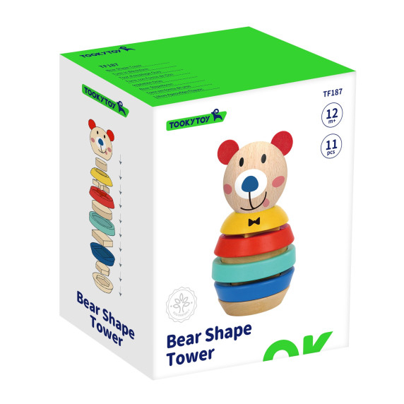 TOOKY TOY Wooden Puzzle Pyramid Shapes Teddy Bear 11 pcs.