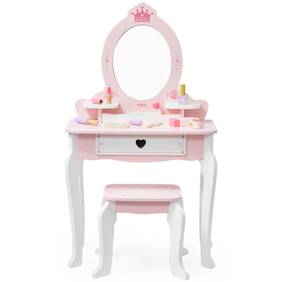 VIGA Large Wooden Dressing Table in White and Pink with Mirror and Chair