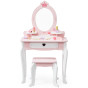 VIGA Large Wooden Dressing Table in White and Pink with Mirror and Chair