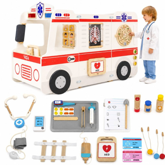 VIGA Large Wooden Ambulance Set Ambulance for Small Rescuers Accessories 25 pcs.