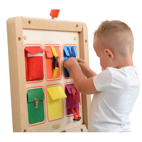 MASTERKIDZ Wooden Flex Wall Manipulation Board with Colorful Pockets, Buckles and Velcro