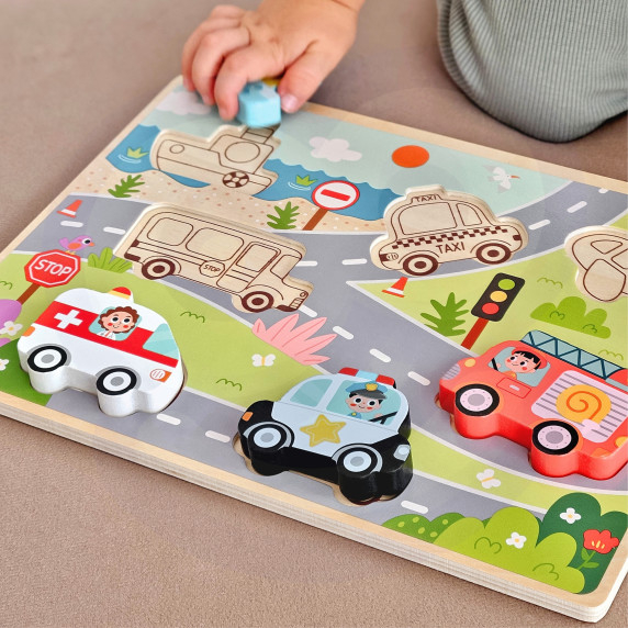 TOOKY TOY Wooden Montessori Puzzle Vehicles Cars Plane Ship City Match Shapes