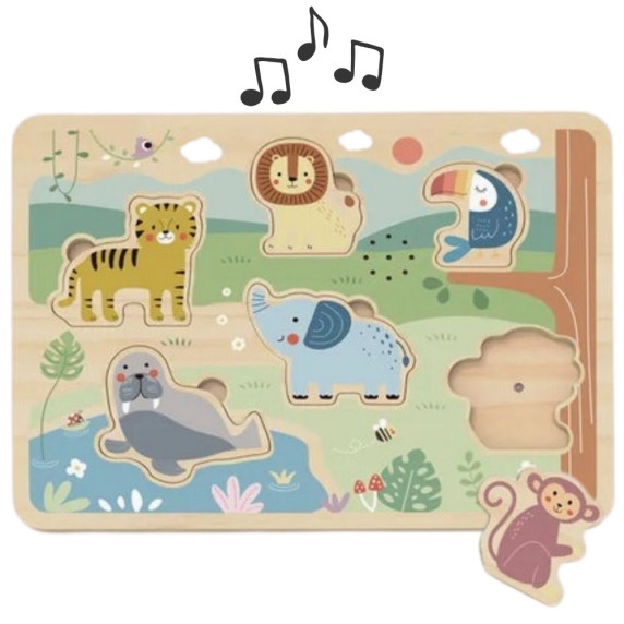 TOOKY TOY Wooden Puzzle Montessori Interactive Sound Puzzle Wild Animals Safari