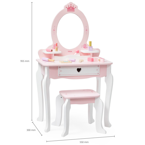 VIGA Large Wooden Dressing Table in White and Pink with Mirror and Chair