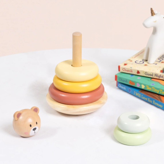 TOOKY TOY Wooden Sensory Puzzle Pyramid Teddy Bear Sensory Colorful Stacker