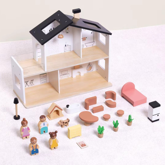 TOOKY TOY Wooden Dollhouse with Accessories and Family 20 pcs.