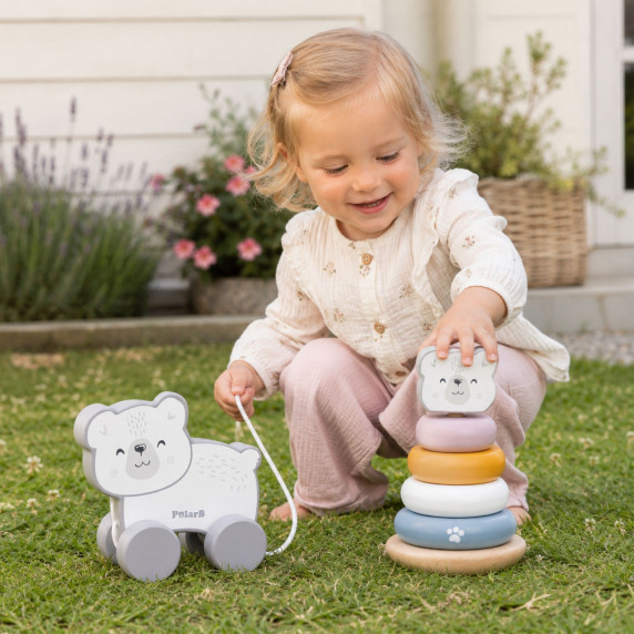 VIGA PolarB Polar Bear Set Wooden Pyramid + Polar Bear to Pull