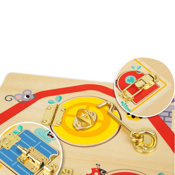 Tooky Toy Wooden Manipulative Board Opening and Closing Locks with Animals