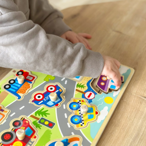 TOOKY TOY Wooden Montessori Puzzle Transport Vehicles with Matching Pins