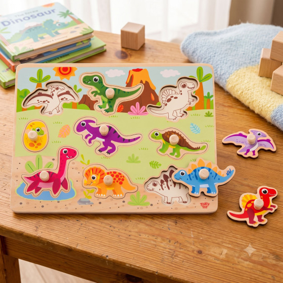 TOOKY TOY Wooden Montessori Puzzle Dinosaurs Shapes Puzzle
