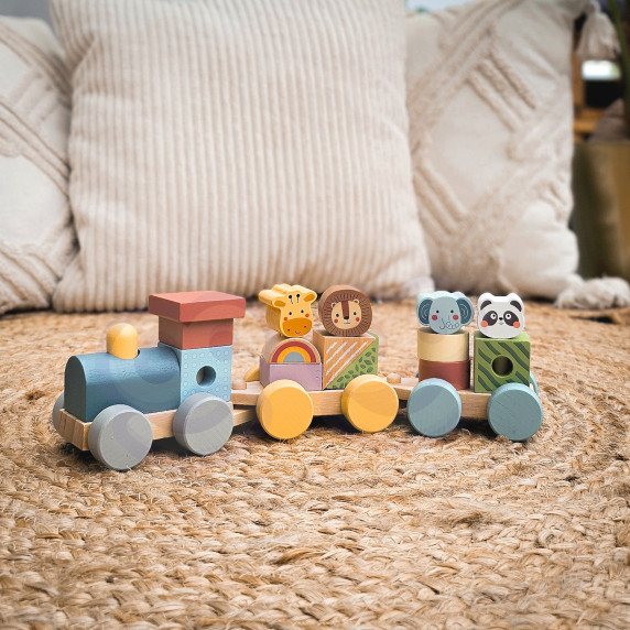 TOOKY TOY Wooden Train with Animals Blocks Montessori Puzzle
