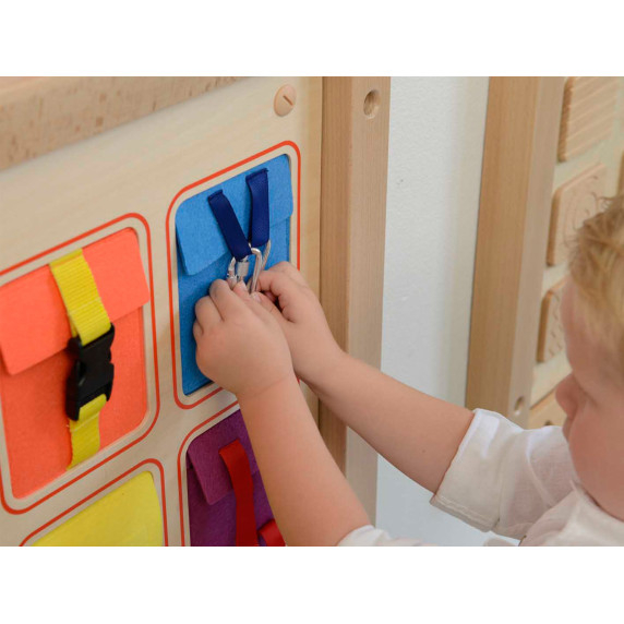 MASTERKIDZ Wooden Flex Wall Manipulation Board with Colorful Pockets, Buckles and Velcro