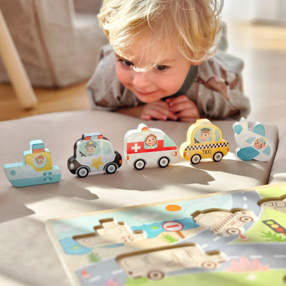 TOOKY TOY Wooden Montessori Puzzle Vehicles Cars Plane Ship City Match Shapes