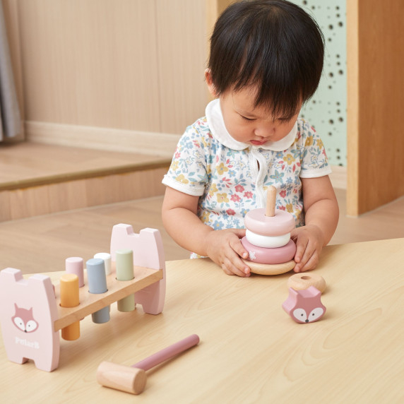 VIGA PolarB Wooden Pyramid + Punch with Hammer Set Montessori Fox