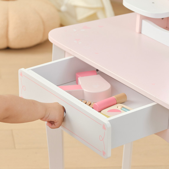 VIGA Large Wooden Dressing Table in White and Pink with Mirror and Chair