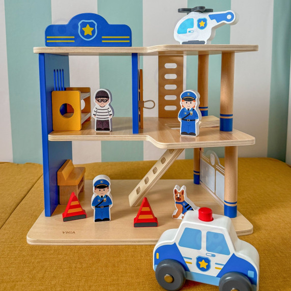 VIGA Wooden Police Station Police Car 3 levels 14 pieces